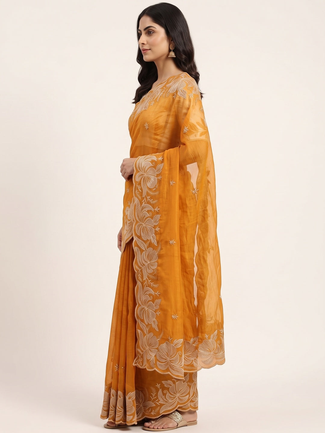 Mustard Golden Thread Embroidered Chiffon Saree for Elegant Evening & Celebration Styling - Image 3