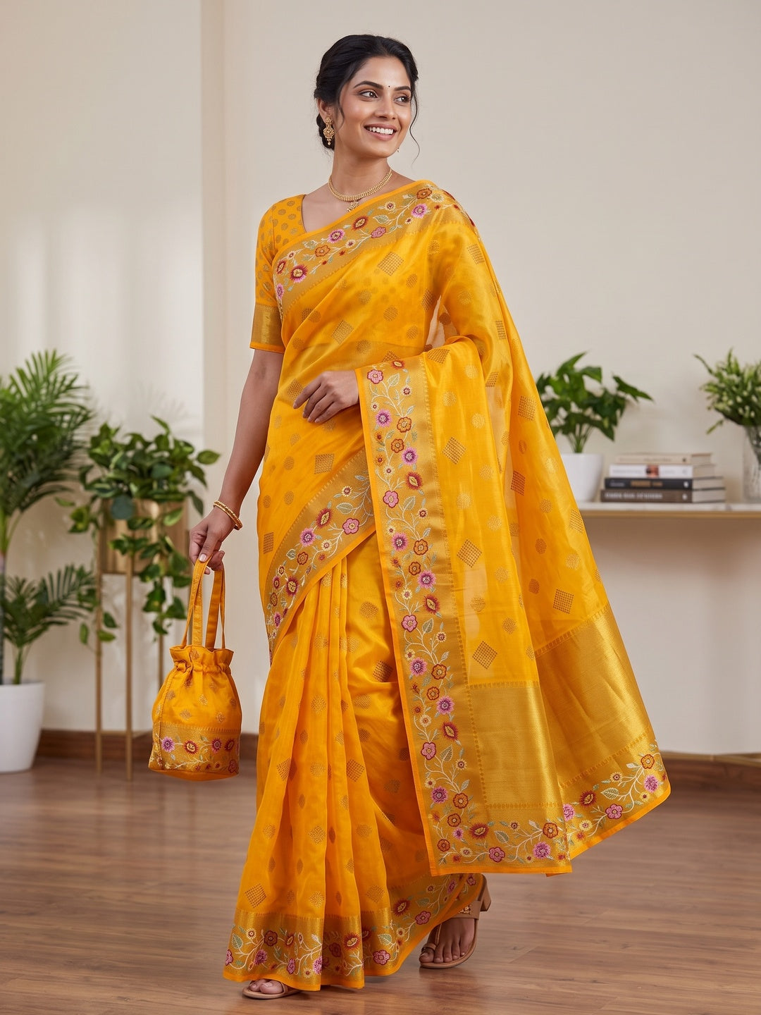 Yellow Zari Woven Jacquard Saree With Embroidery Border - Image 4