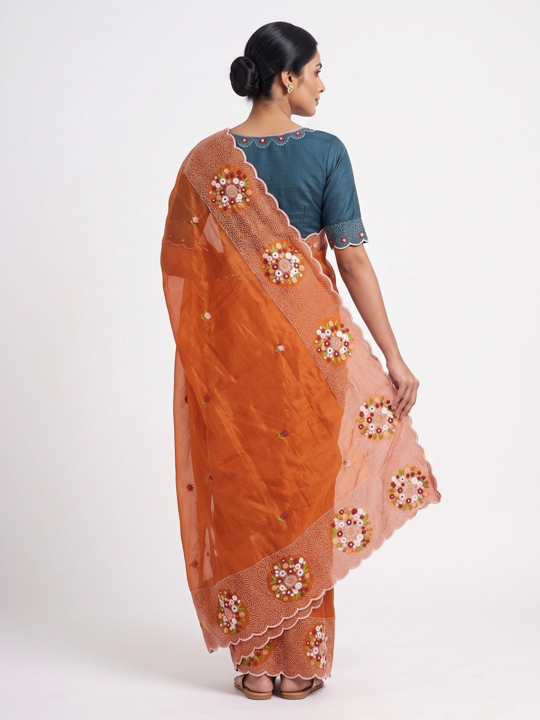 Orange Cotton Silk Saree with Beautiful Floral Embroidery for Parties & Celebrations - Image 2