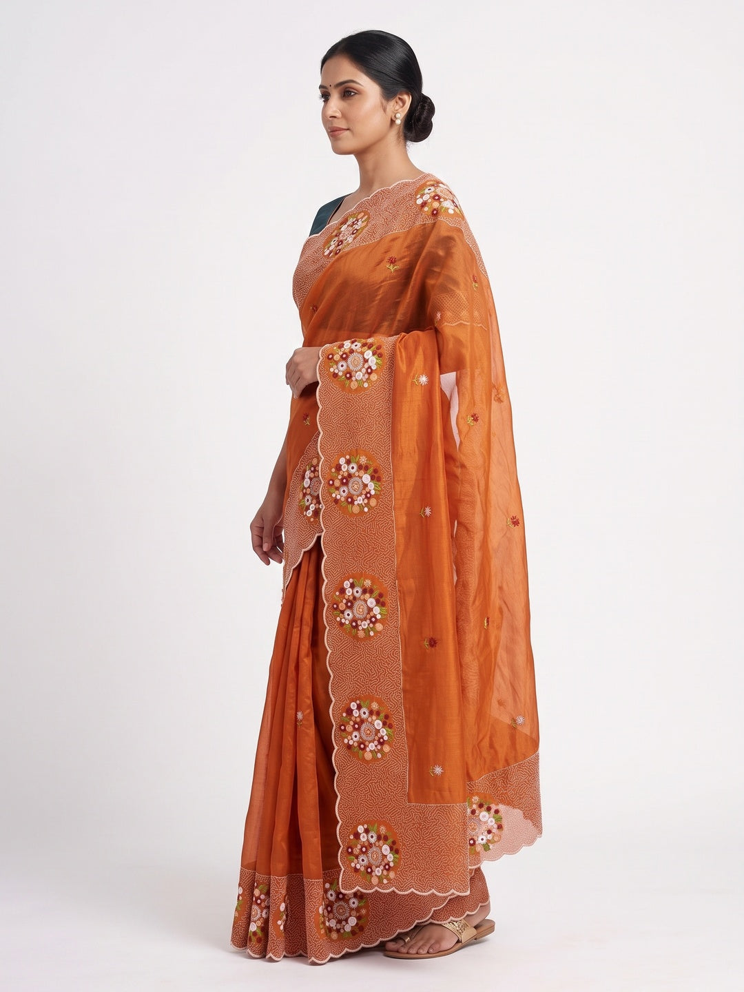 Orange Cotton Silk Saree with Beautiful Floral Embroidery for Parties & Celebrations - Image 3