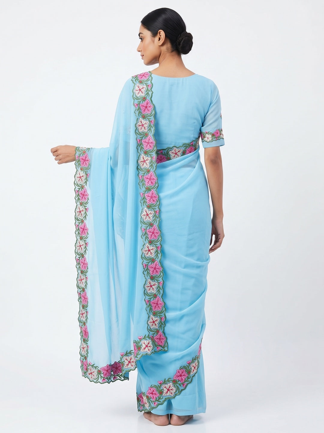 Blue Faux Georgette Saree Featuring Minimalist Floral Border Embroidery - Image 2