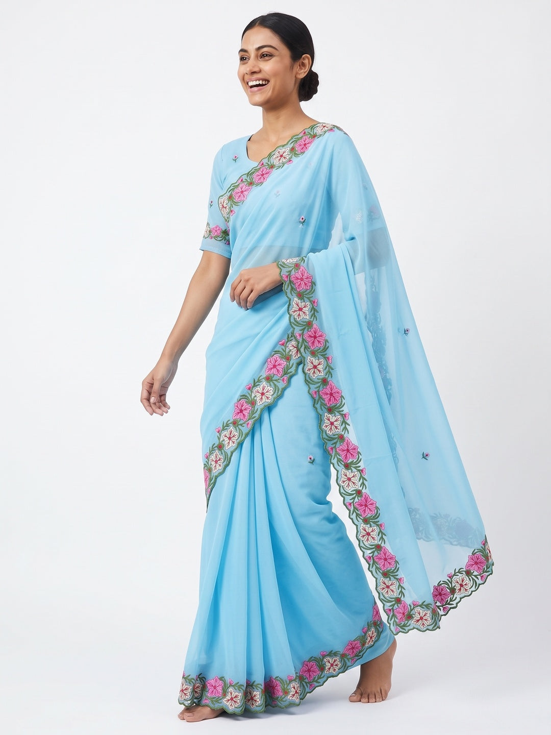 Blue Faux Georgette Saree Featuring Minimalist Floral Border Embroidery - Image 4