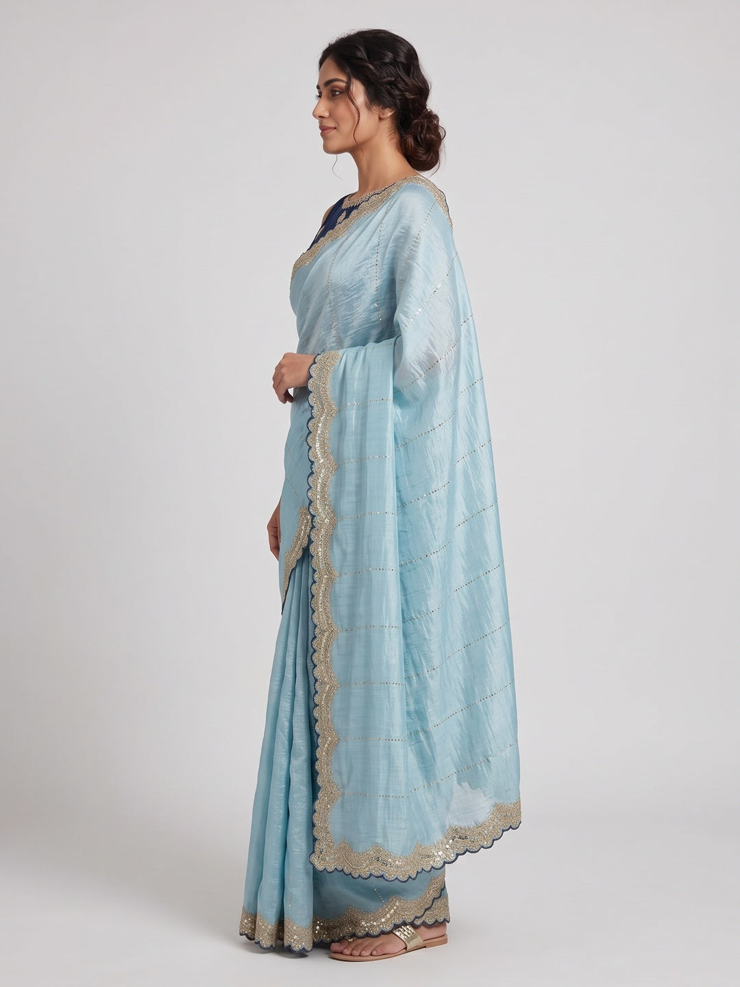 Blue Sequins Embroidered Tussar silk Saree - Image 3