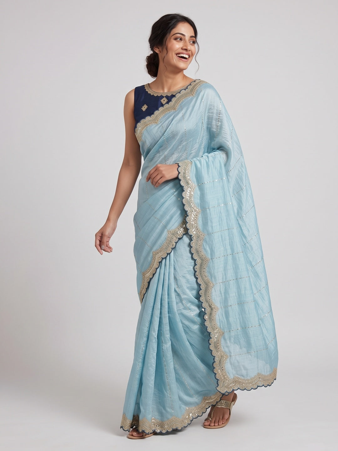 Blue Sequins Embroidered Tussar silk Saree - Image 4