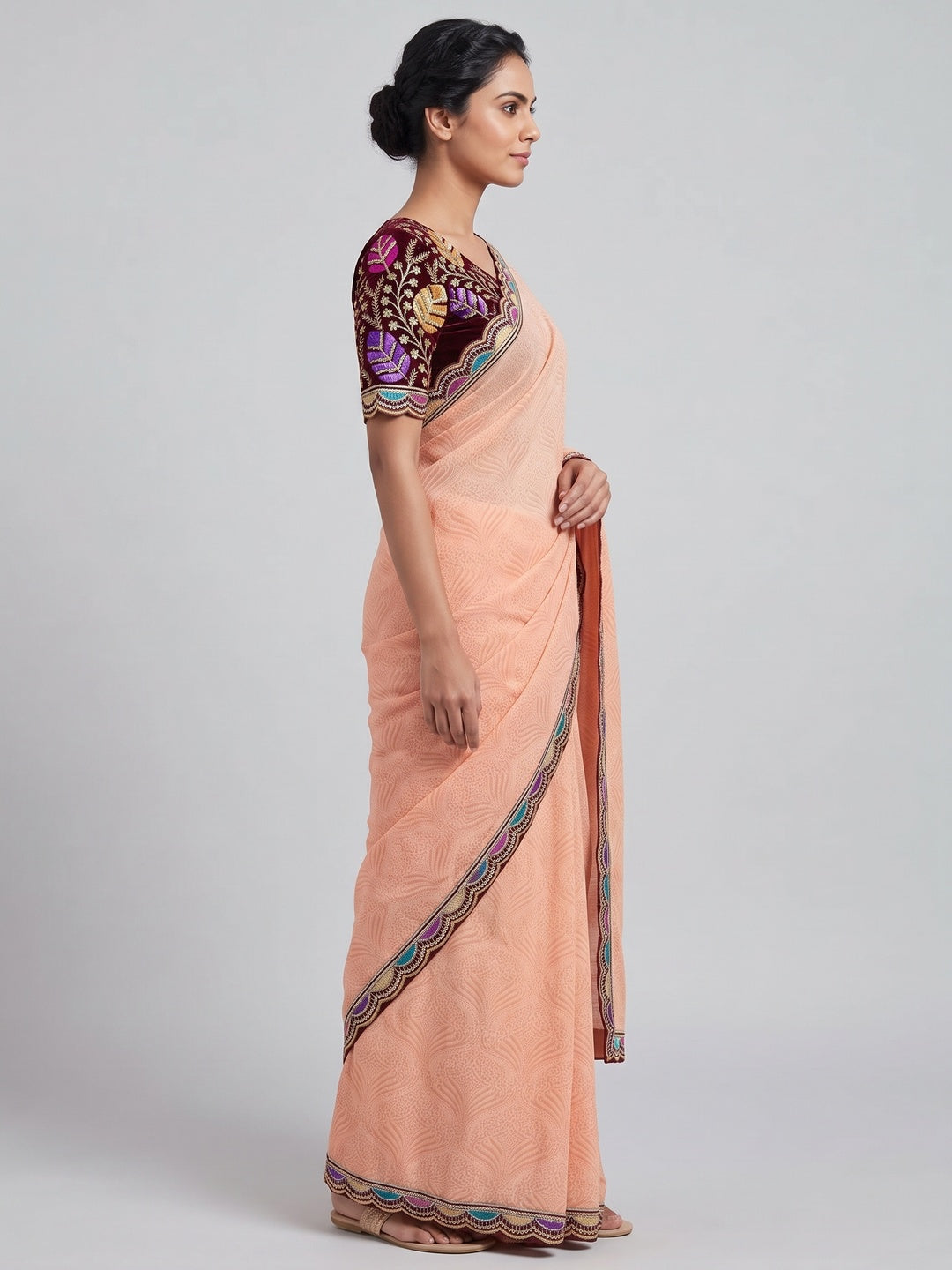 Light Peach Floral Printed Georgette Saree - Image 3