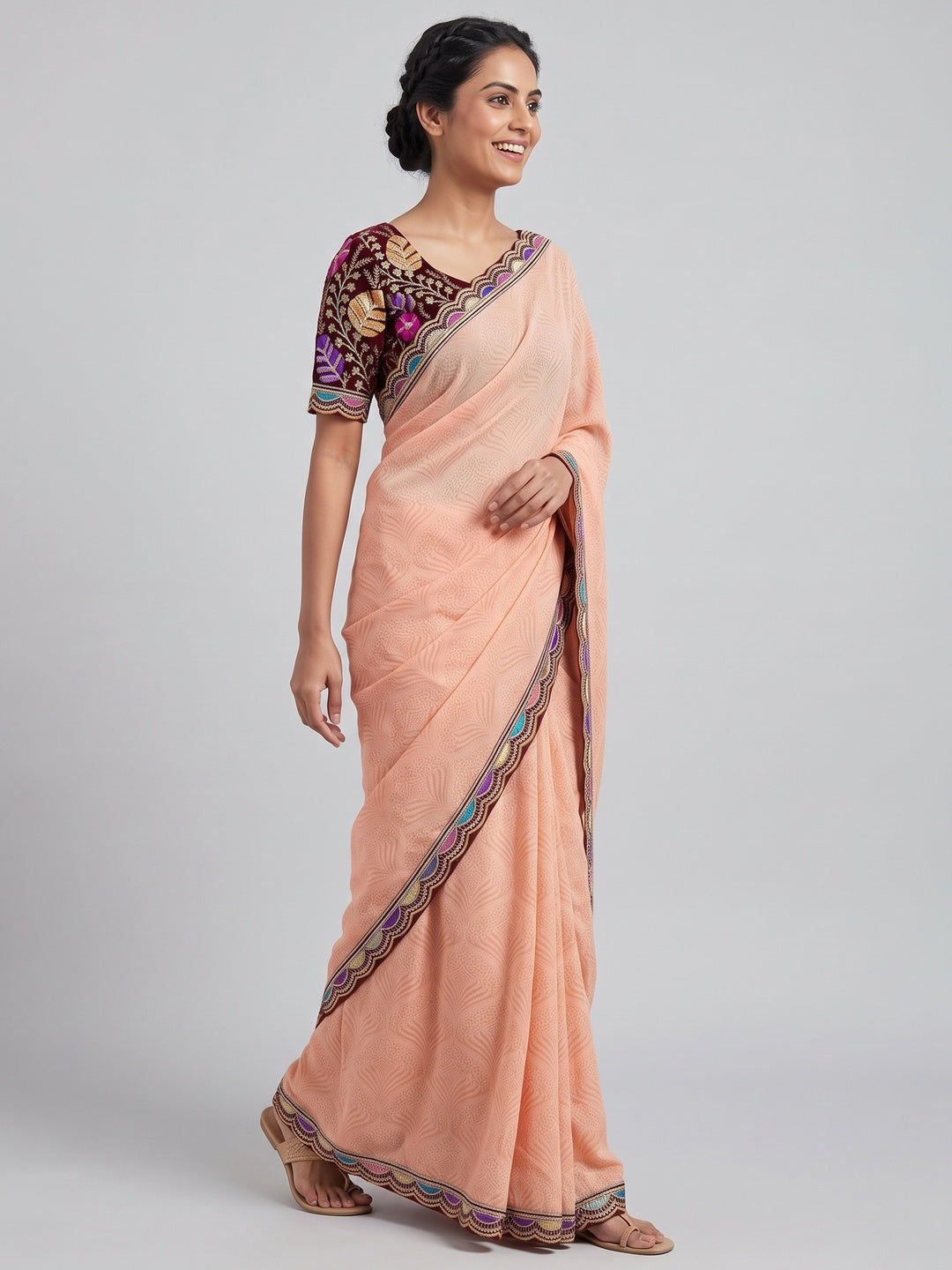 Light Peach Floral Printed Georgette Saree - Image 4