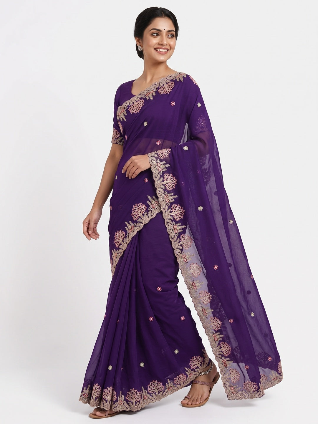 Violet Floral Embroidered Crepe Saree with Subtle Sequin Detailing - Image 4