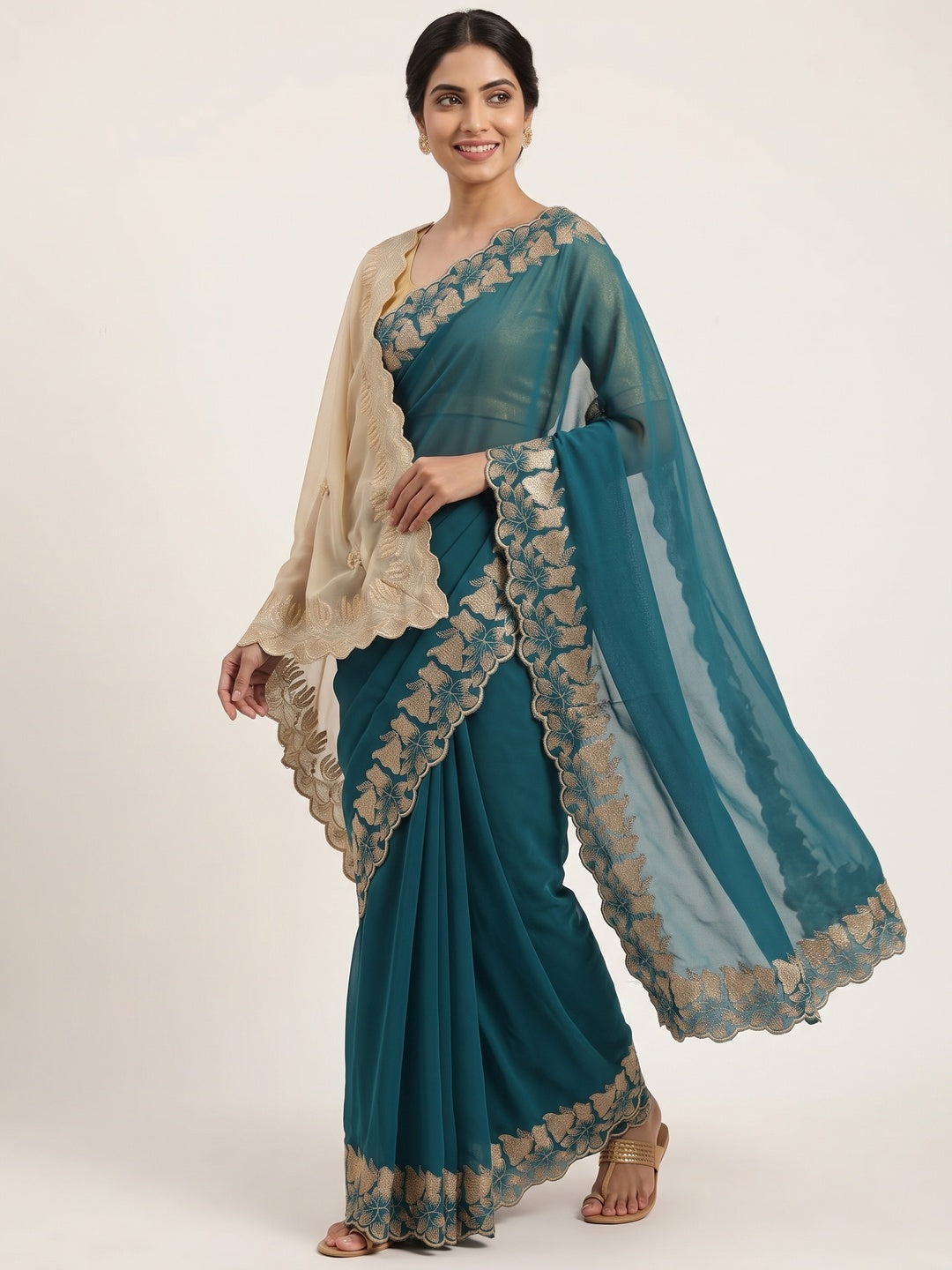 Elegant Teal Solid Georgette Saree Highlighted With A Delicate Floral Embroidered Border - Image 8