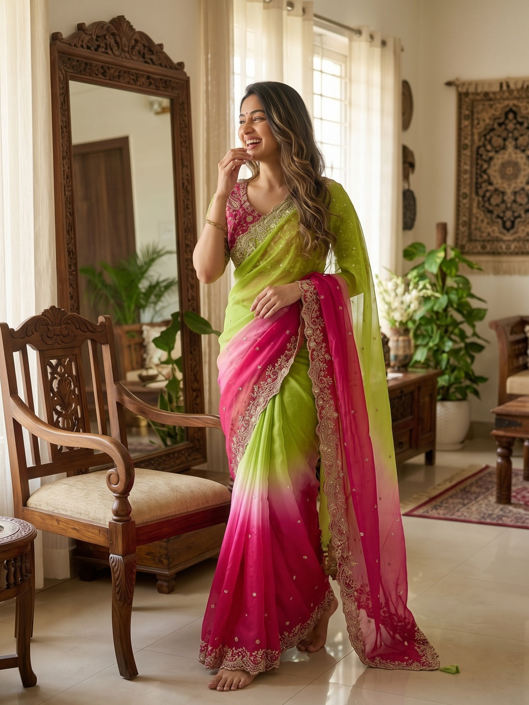 Elegant Green & Pink Organza Satin Silk Embroidered Saree for Festive Occasions - Image 7