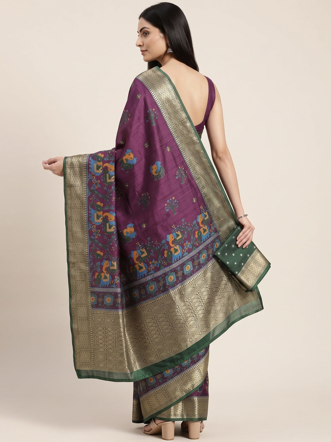 Majestic Wine Elephant & Floral Printed Dola Silk Saree Featuring Intricate Weaving Border - Image 2