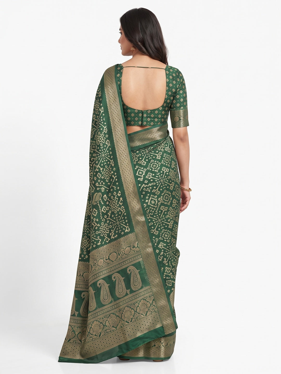 Contemporary Green Geometric Mill Printed Dola Silk Saree With Ornate Floral Zari Border - Image 2