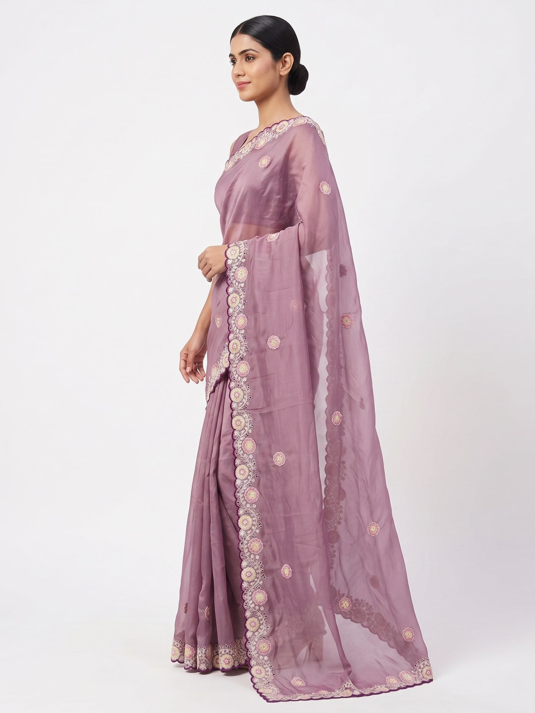Mauve Organza Saree Adorned with Intricate Floral Embroidery - Image 3