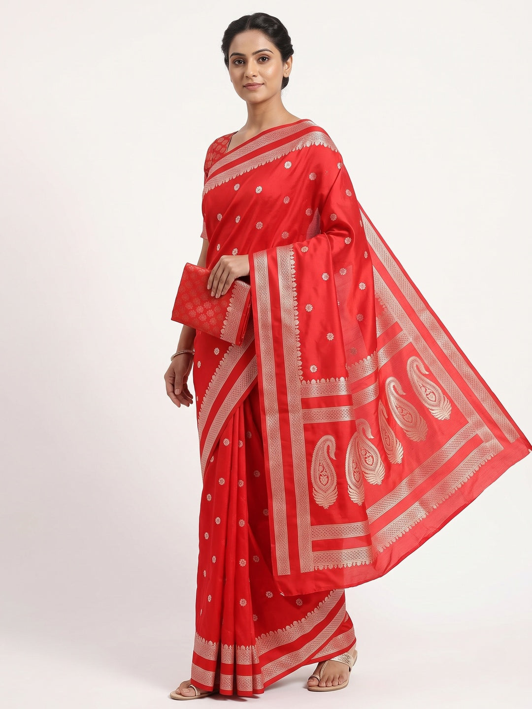 Red Ornate Floral Zari Weaving Work Silk Blend Saree With Festive Shine - Image 1
