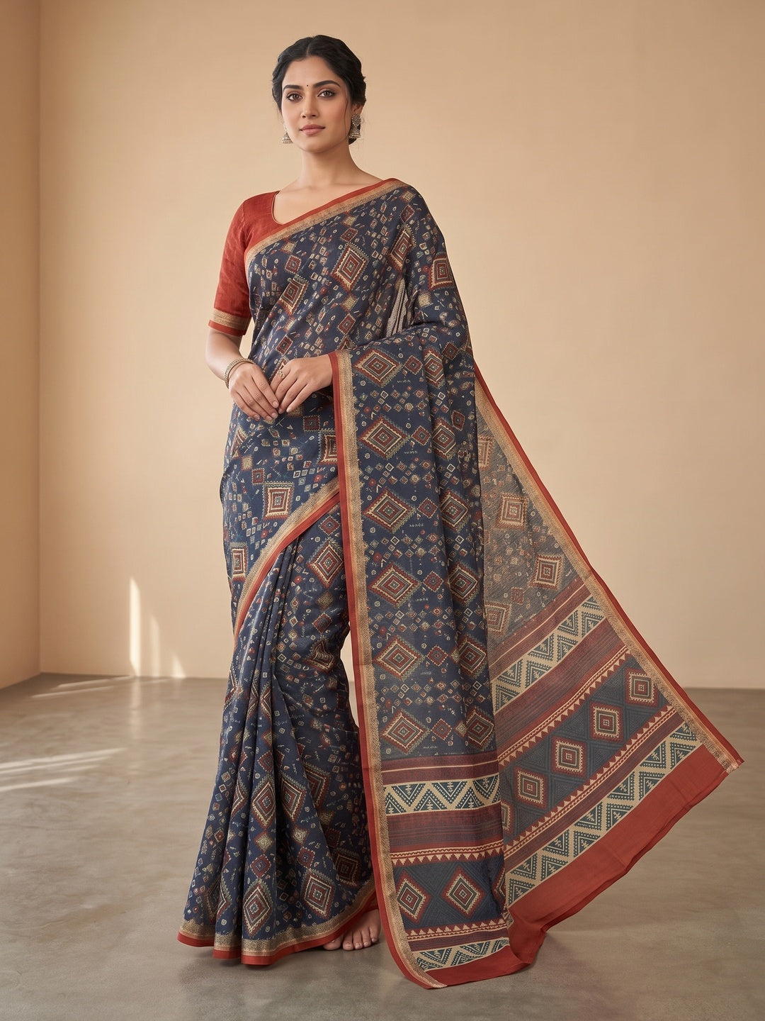 Traditional Blue Chanderi Silk Saree with Detailed Geometric Print Pattern - Image 4