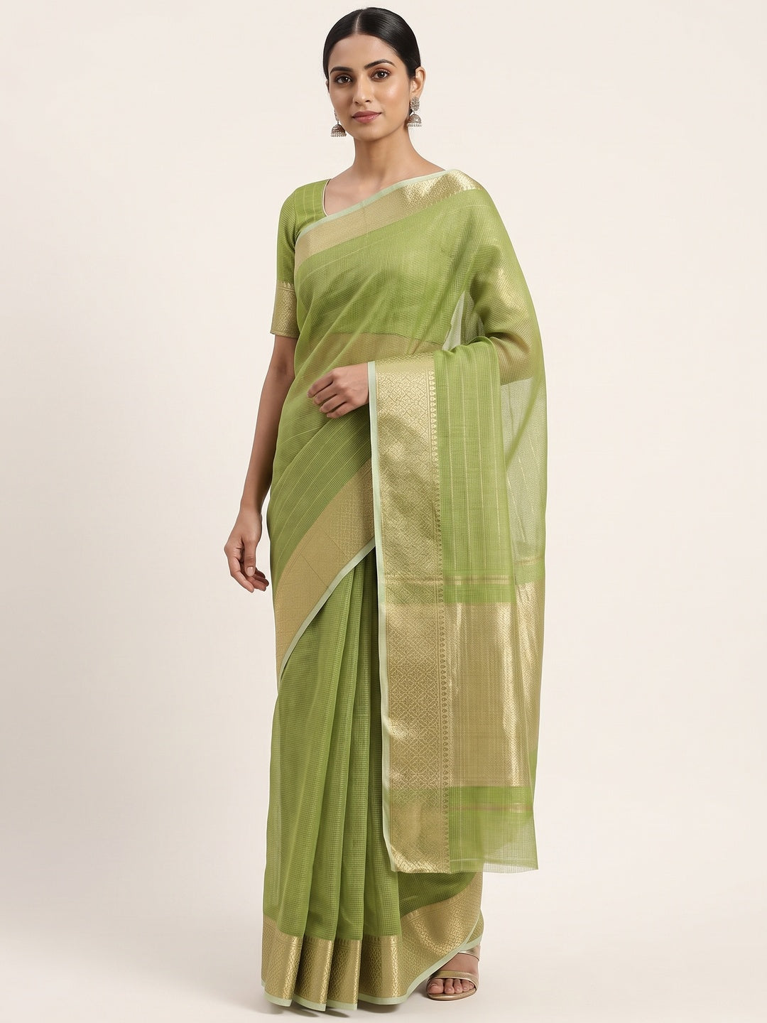 Subtle Solid Green Kota Doria Saree with Traditional Zari Weaving Edging - Image 1