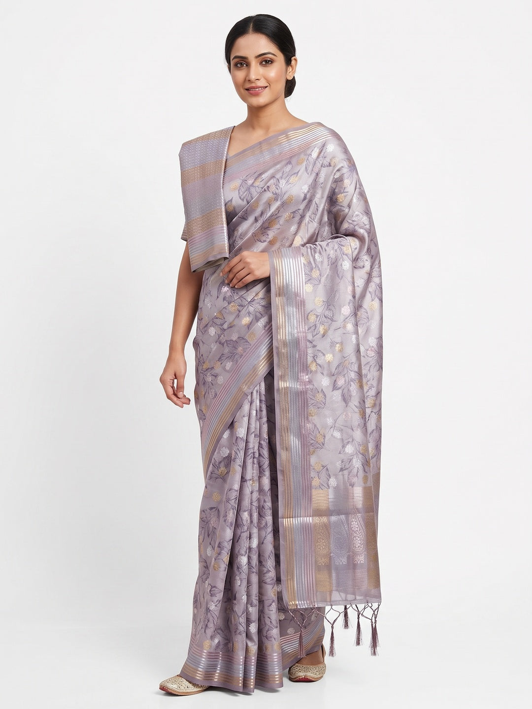 Lavender Floral Motif Weaving & Artistic Digital Printed Silk Blend Saree With Tassel Pallu - Image 1