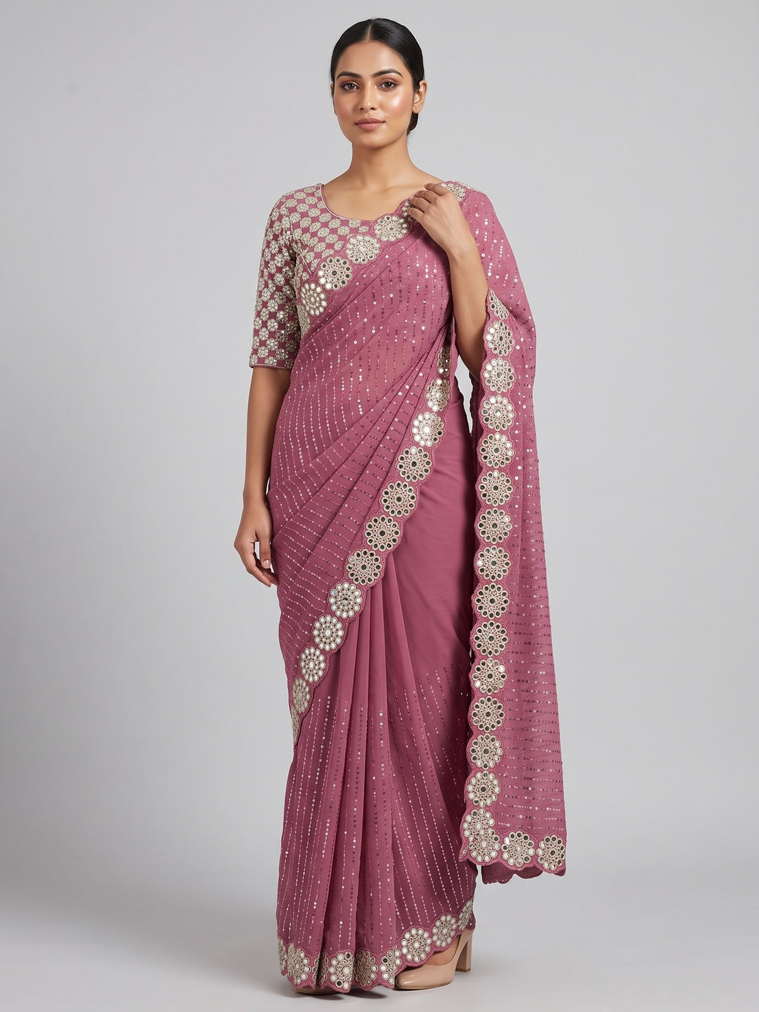 Stunning Pink Georgette Party Wear Saree Adorned with Heavy Sequins Embellishment - Image 1