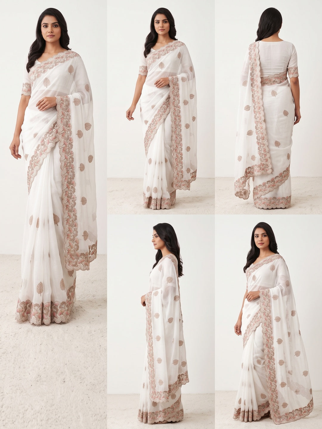 White Embroidered Thread Work Saree in Flowy Chiffon Silk - Image 1