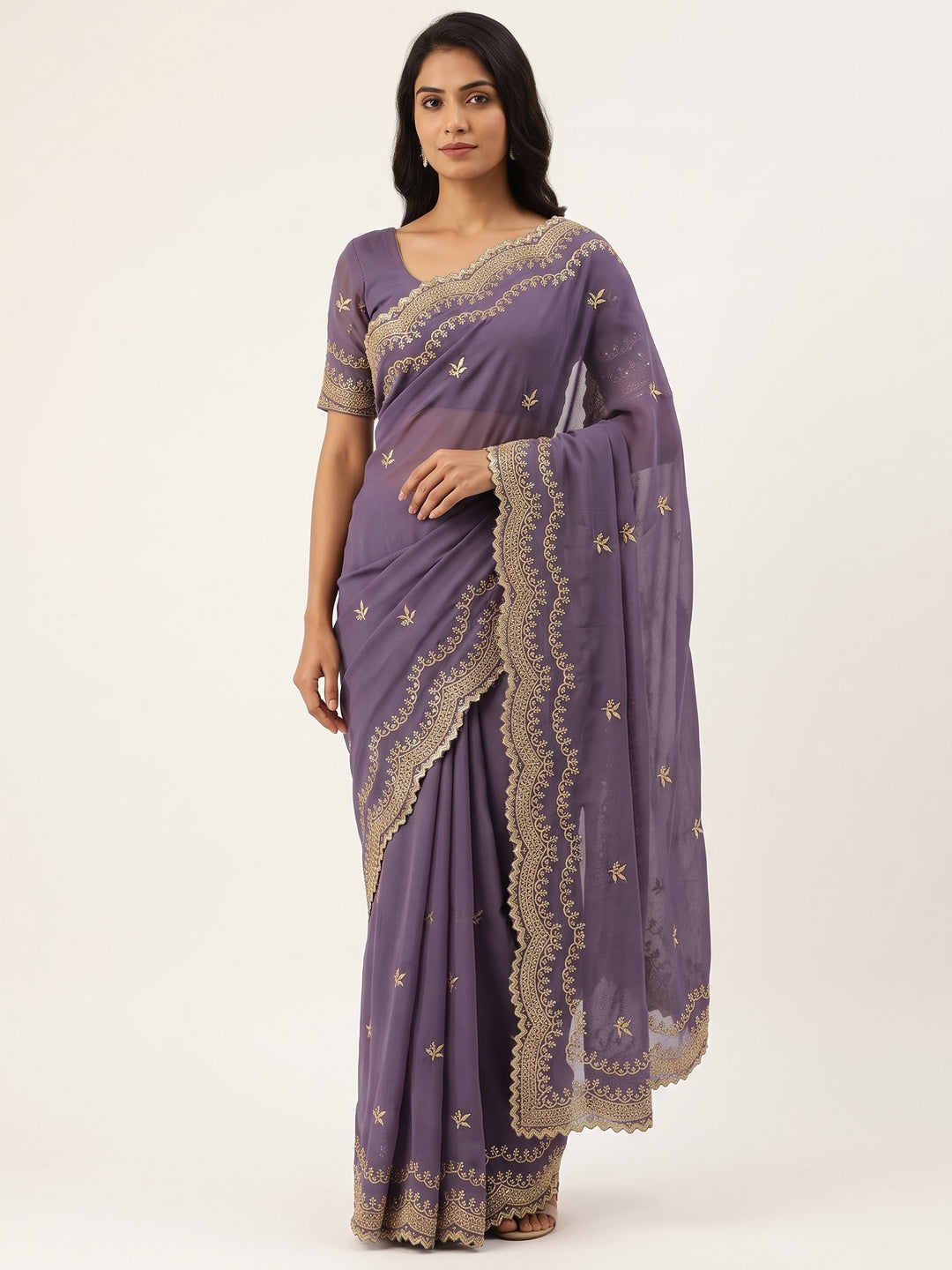Lavender Embroidered Star Georgette Saree Designed for Stylish Party Wear - Image 1