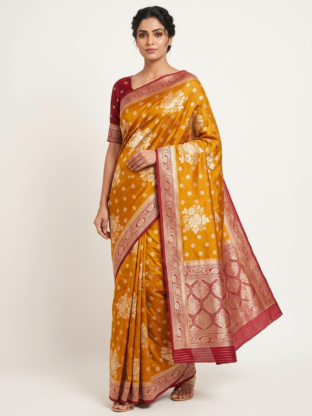 Mustard Dola Silk Woven Saree with Allover Zari Butti Design - Image 1