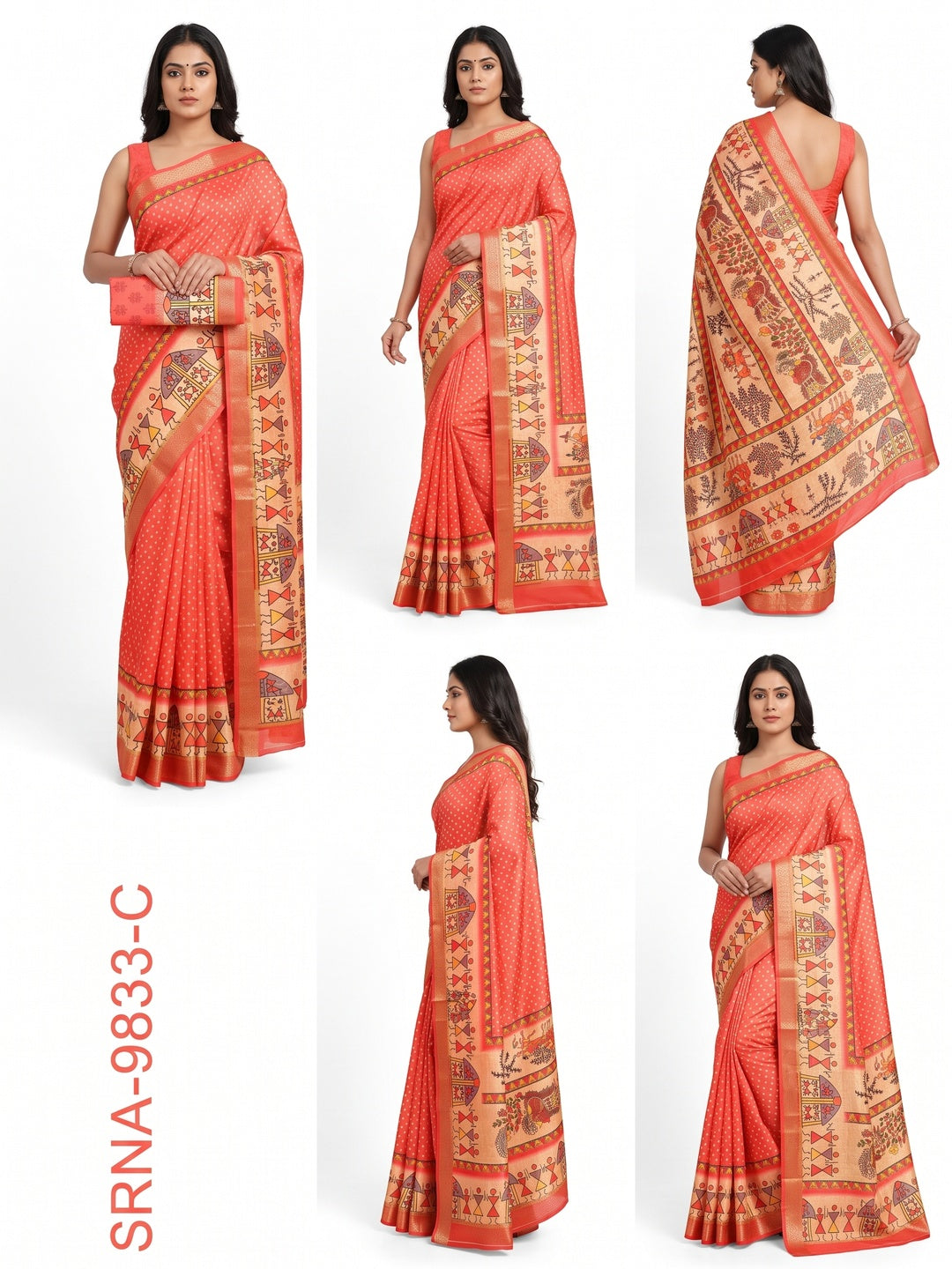 Coral Red Traditional Bandhani & Warli Digital Printed Silk Blend Saree With Weaving Border - Image 1