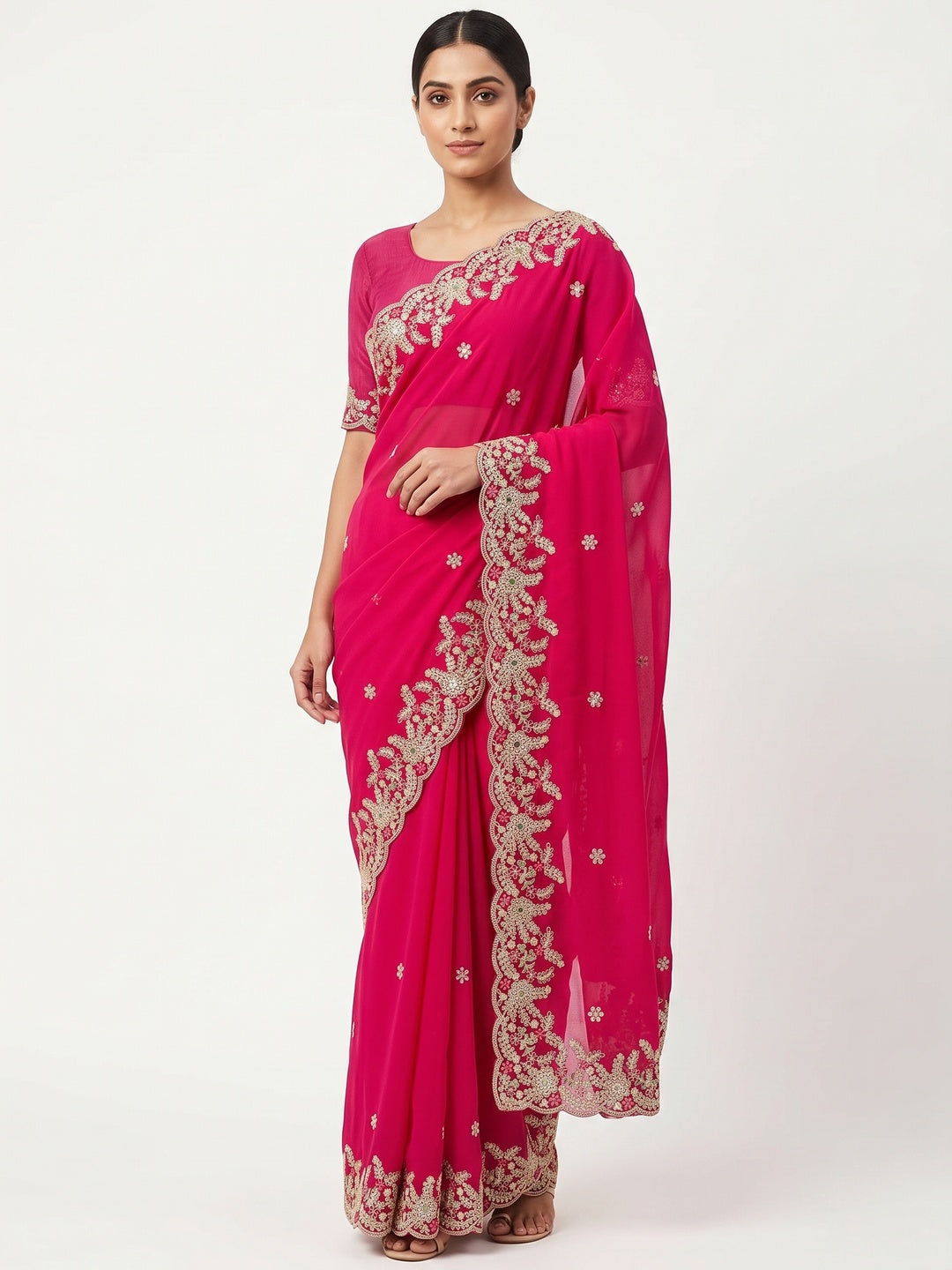 Party Wear Pink Floral Embroidered Crepe Saree with Elegant Sequin Finish - Image 1