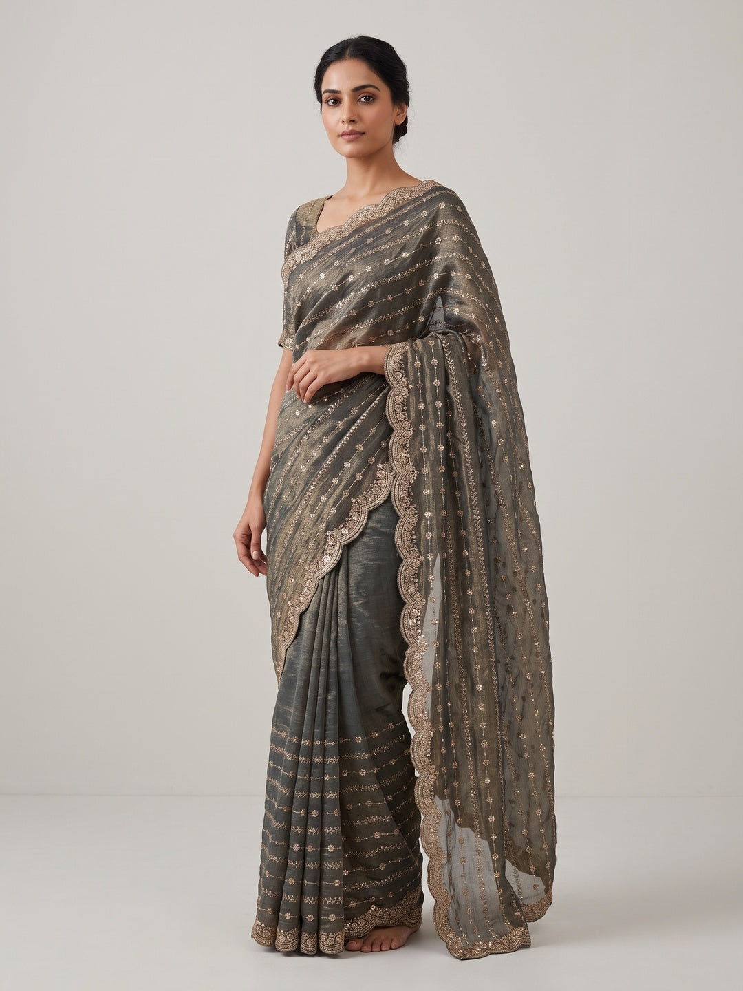 Elegant Grey Silk Saree Adorned With Floral Sequins Embroidery & Cutwork Zari Border - Image 1
