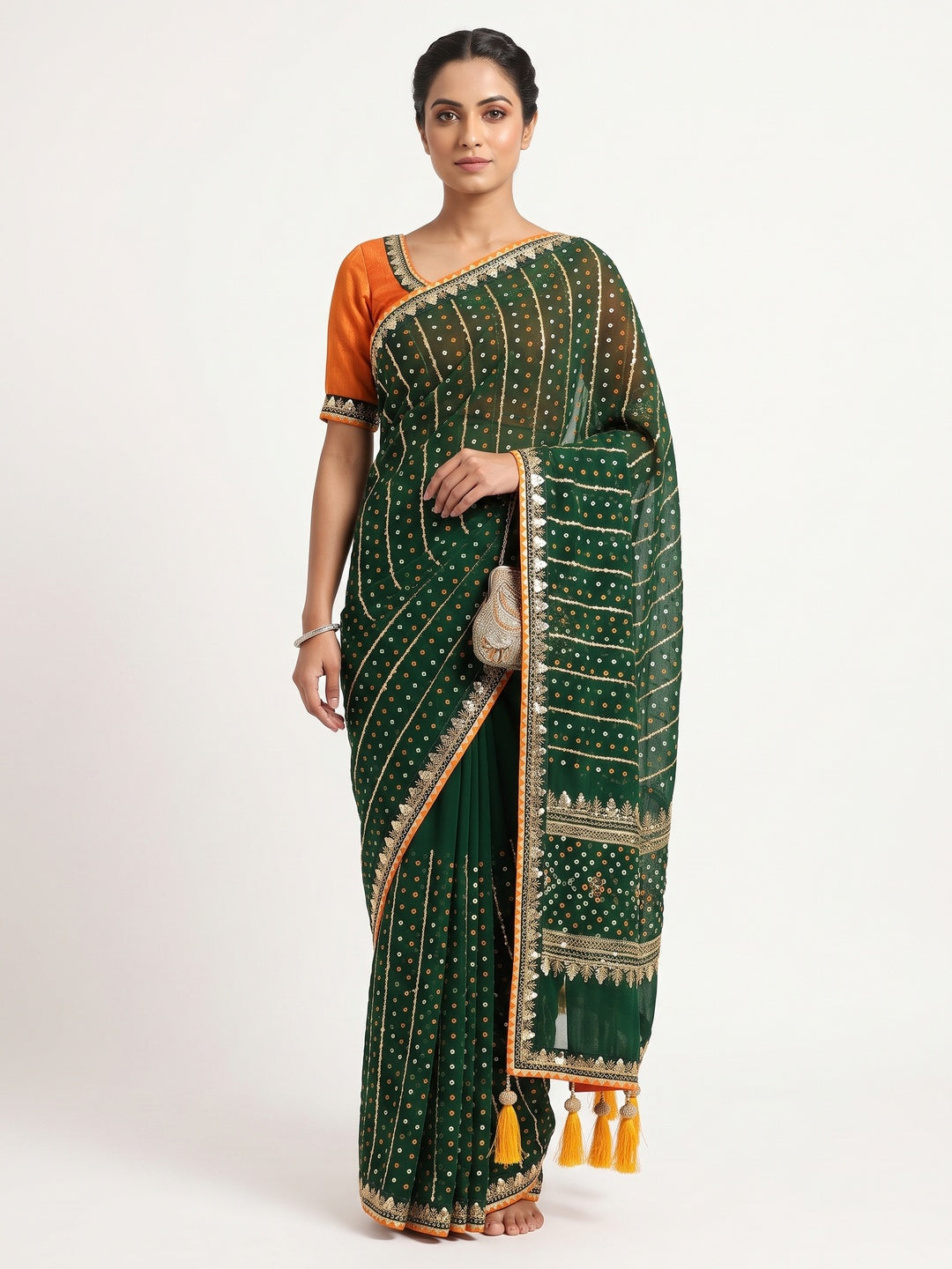 Charming Green Bandhani Printed Georgette Saree With Glittering Sequins & Zari Border - Image 1