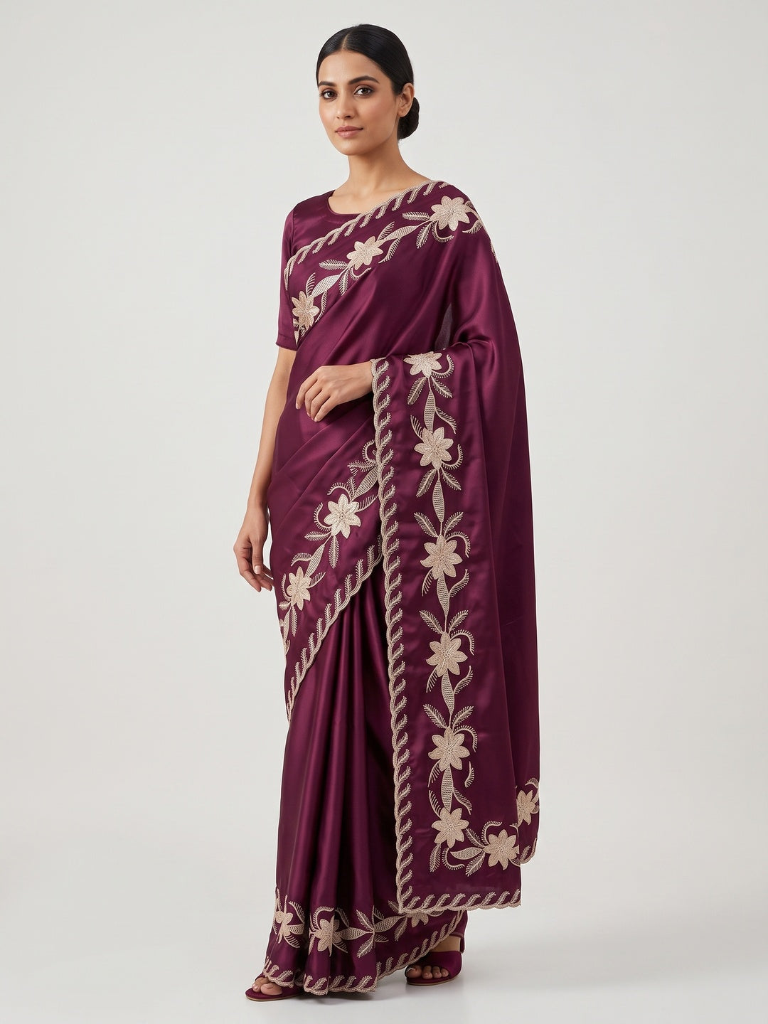 Wine Sequins Work Embroidered Satin Saree for Special Occasions - Image 1