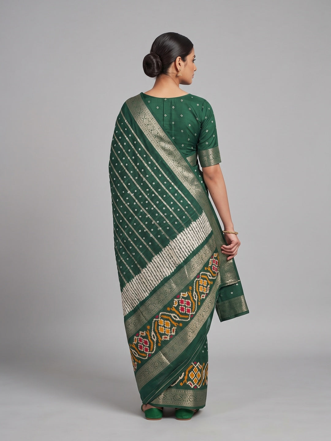 Green Bandhani Printed Dola Silk Saree Enhanced With Fine Weaving Accents - Image 2
