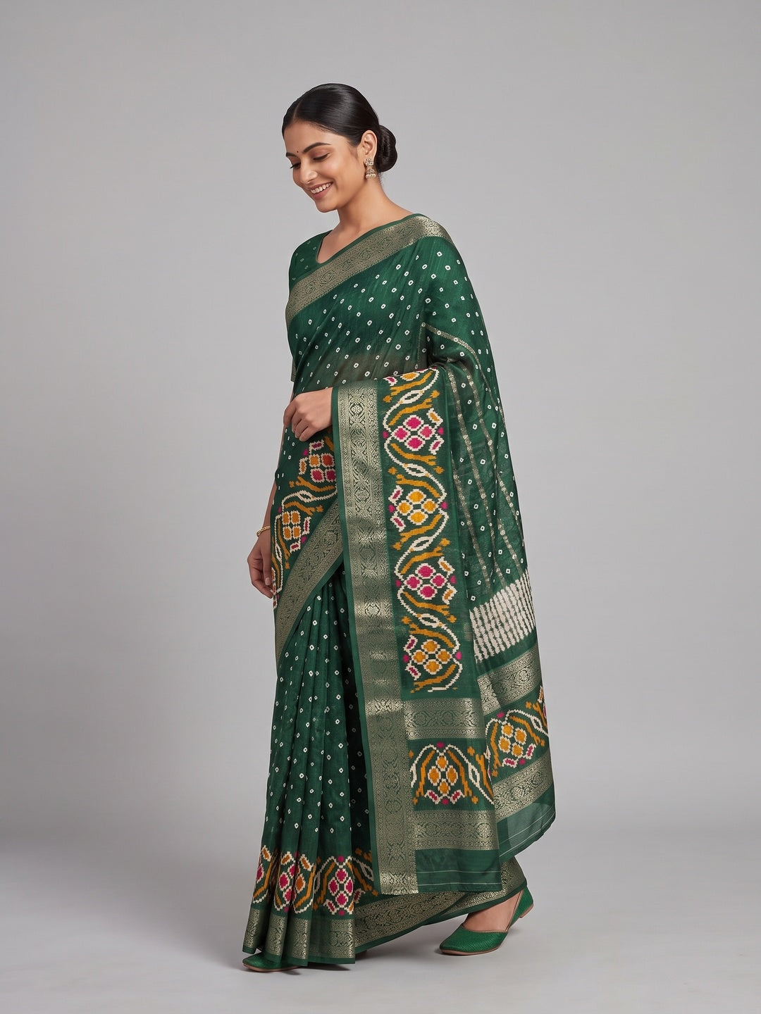 Green Bandhani Printed Dola Silk Saree Enhanced With Fine Weaving Accents - Image 4