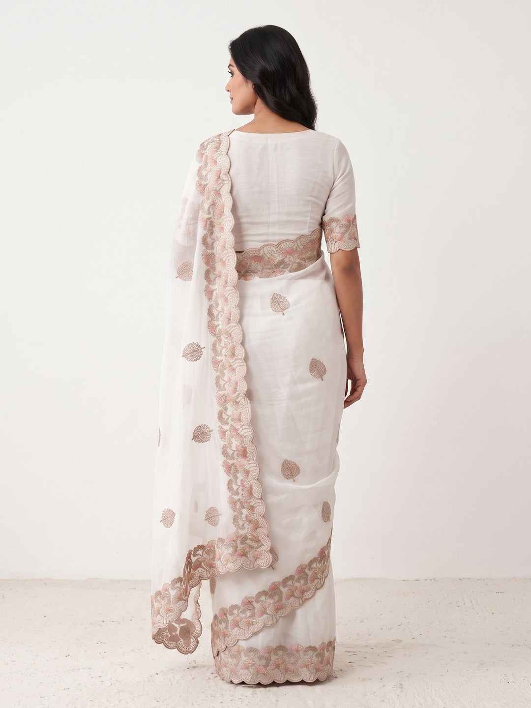 White Embroidered Thread Work Saree in Flowy Chiffon Silk - Image 2