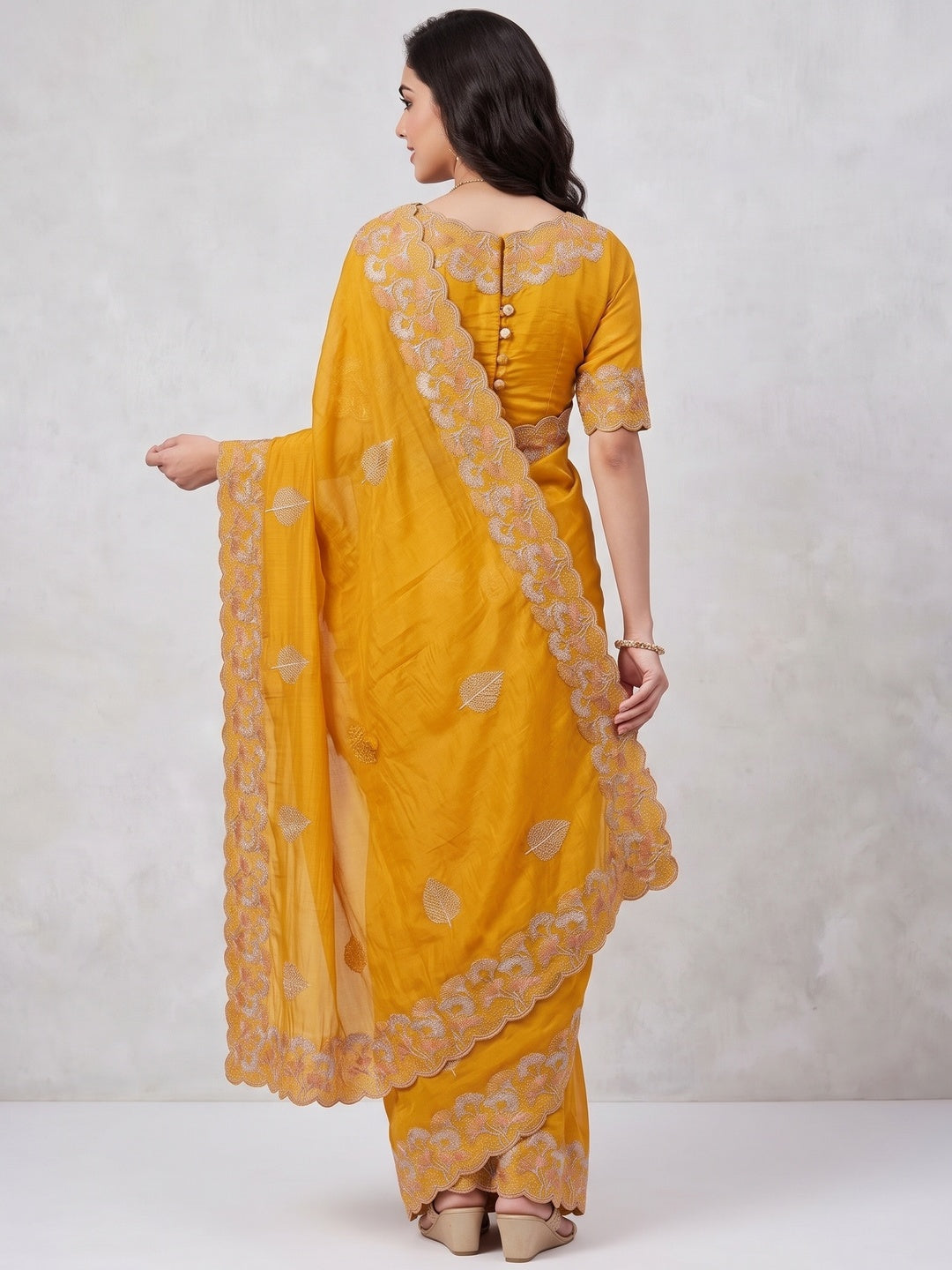 Mustard Embroidered Thread Work Saree in Flowy Chiffon Silk - Image 2