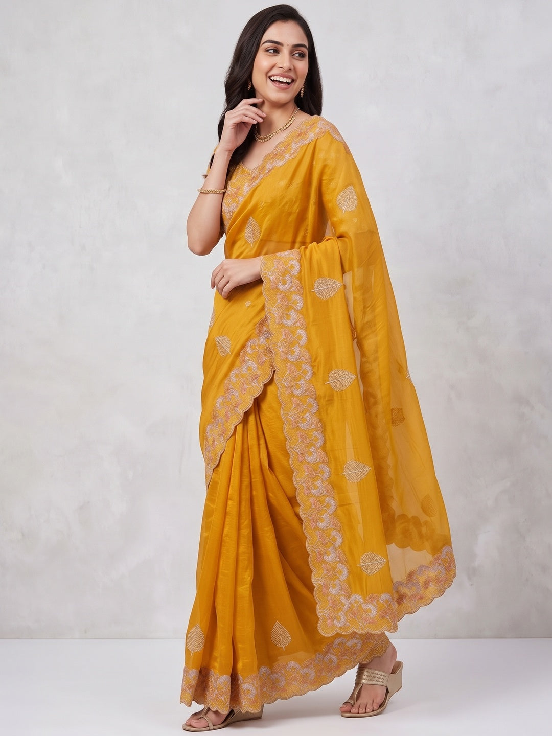 Mustard Embroidered Thread Work Saree in Flowy Chiffon Silk - Image 4