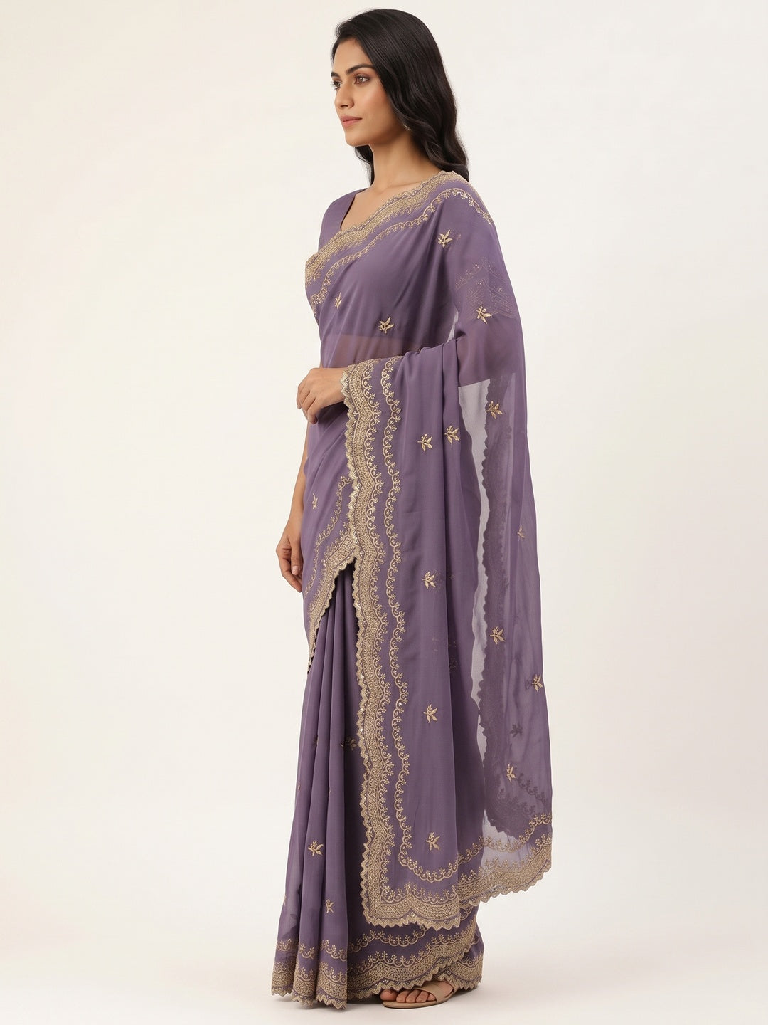 Lavender Embroidered Star Georgette Saree Designed for Stylish Party Wear - Image 3