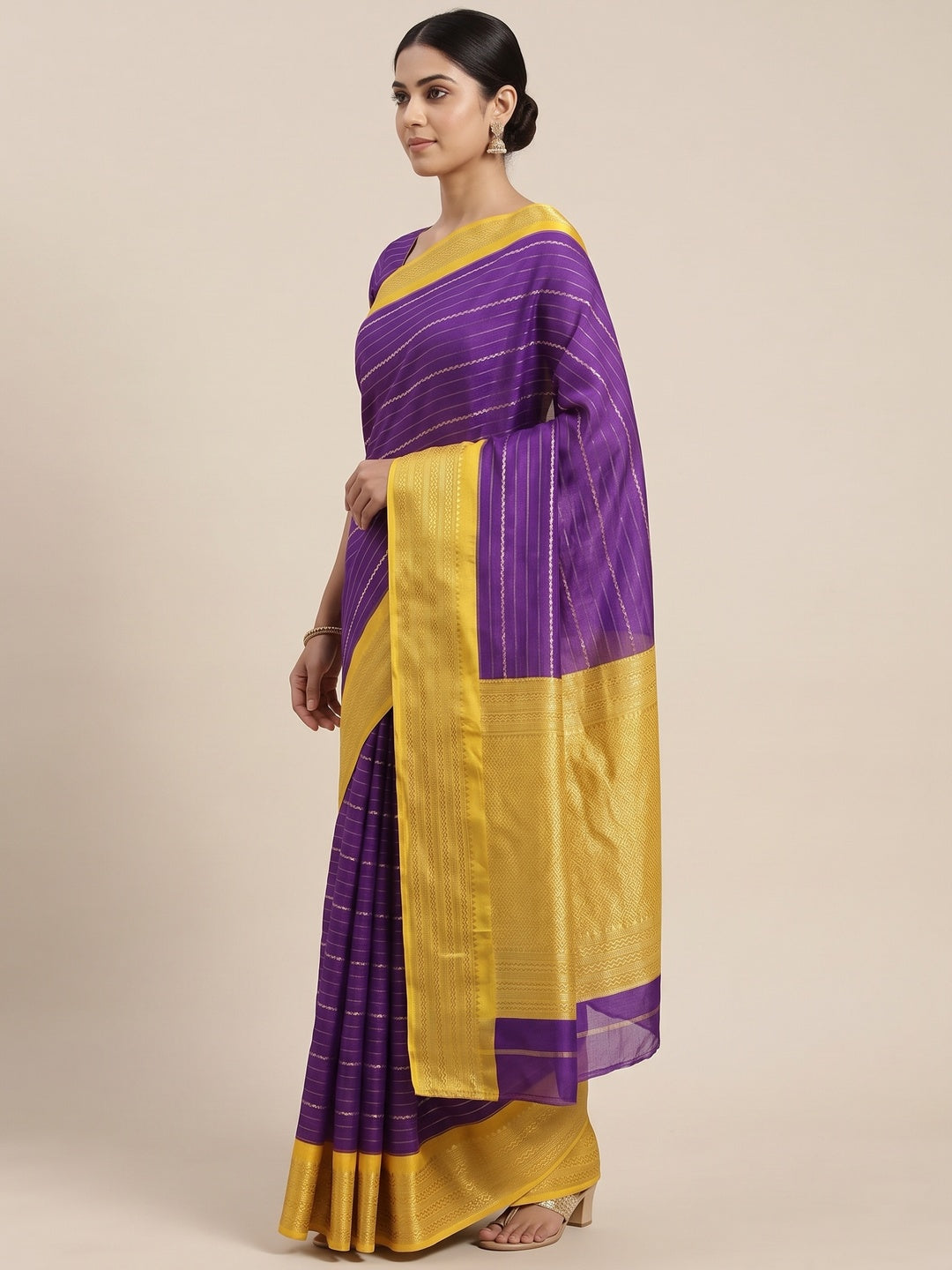 Purple Jacquard Saree With Contemporary Striped Pattern Accented By Rich Zari Weaving - Image 3