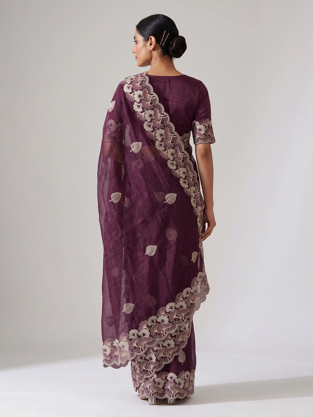 Wine Floral Embroidered Saree in Crunchy Silk Blend - Image 2