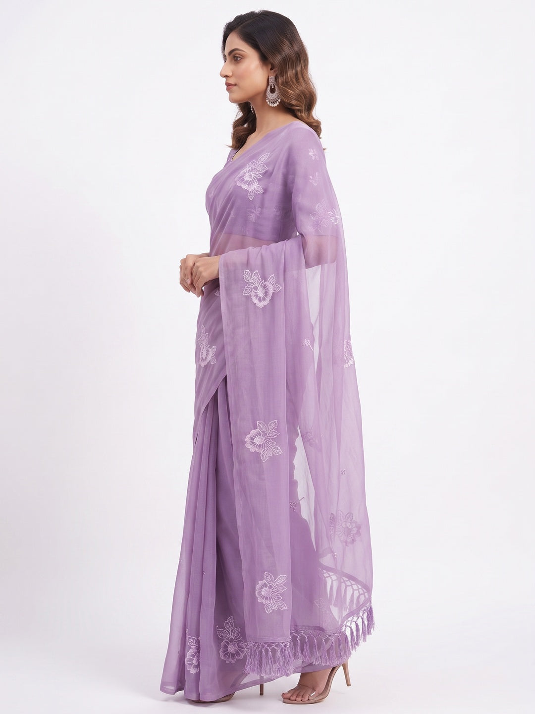 Designer Purple Chiffon Saree with Intricate Floral Embroidery - Image 3