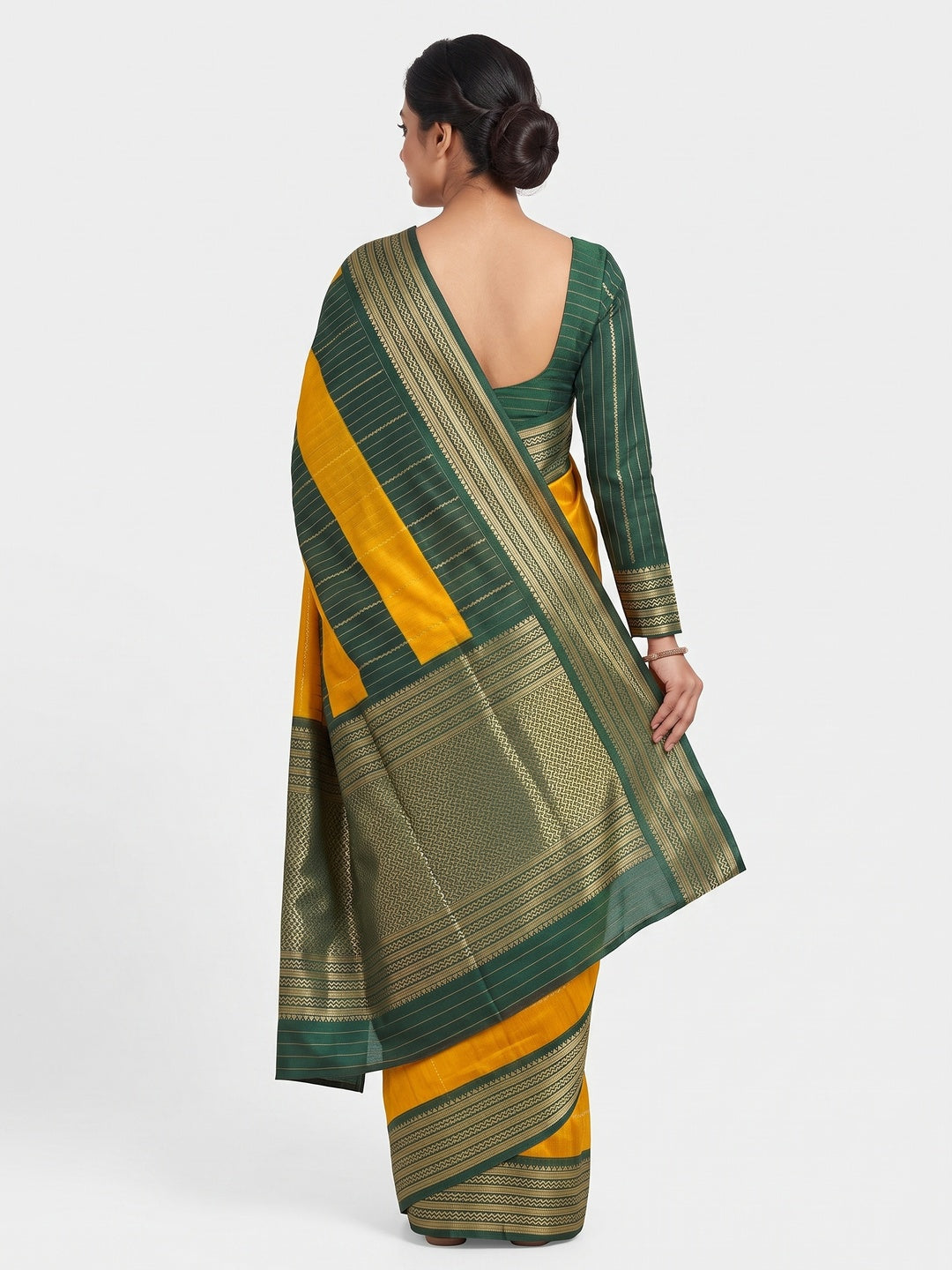 Mustard Jacquard Saree With Contemporary Striped Pattern Accented By Rich Zari Weaving - Image 2