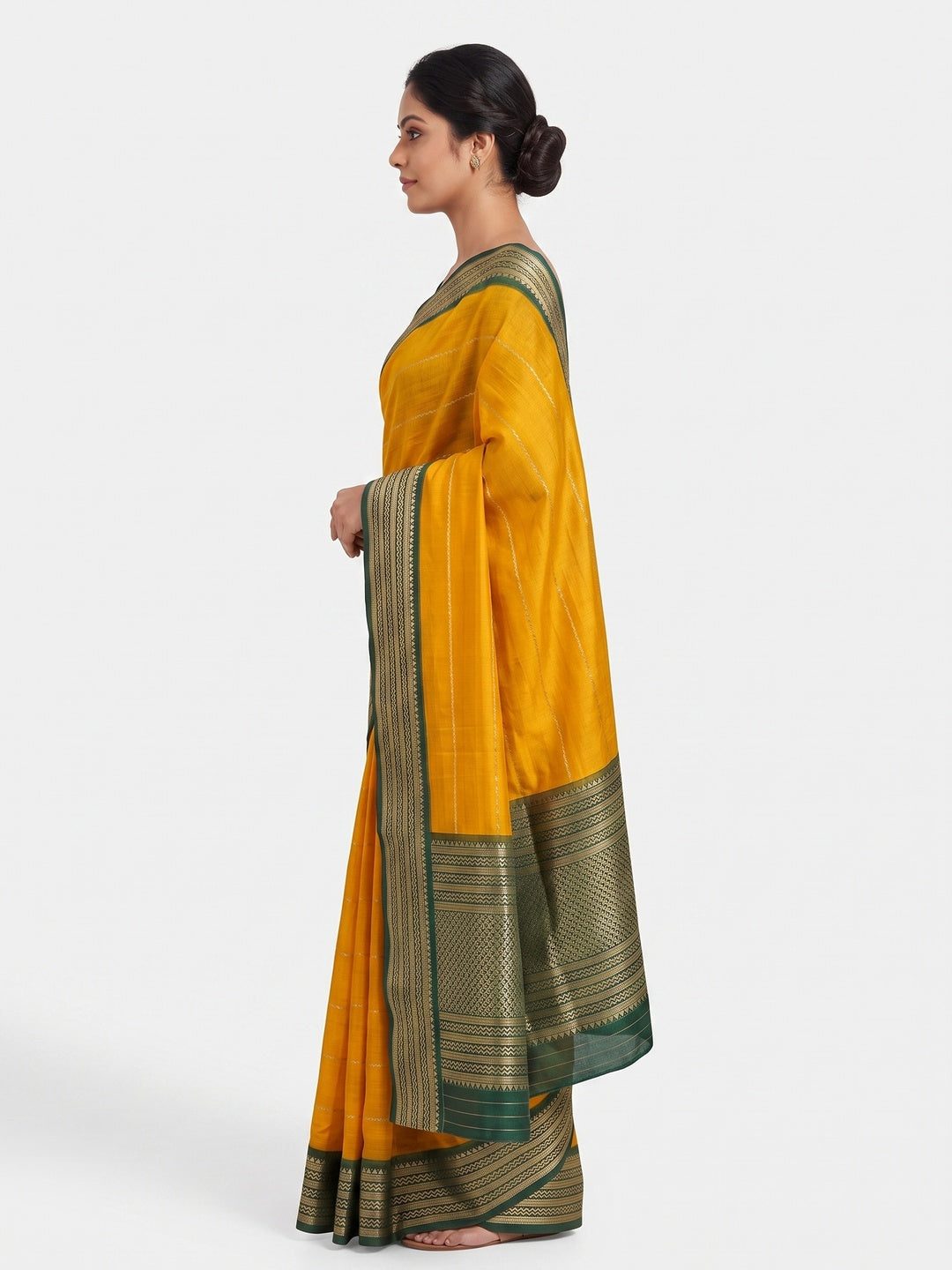 Mustard Jacquard Saree With Contemporary Striped Pattern Accented By Rich Zari Weaving - Image 3