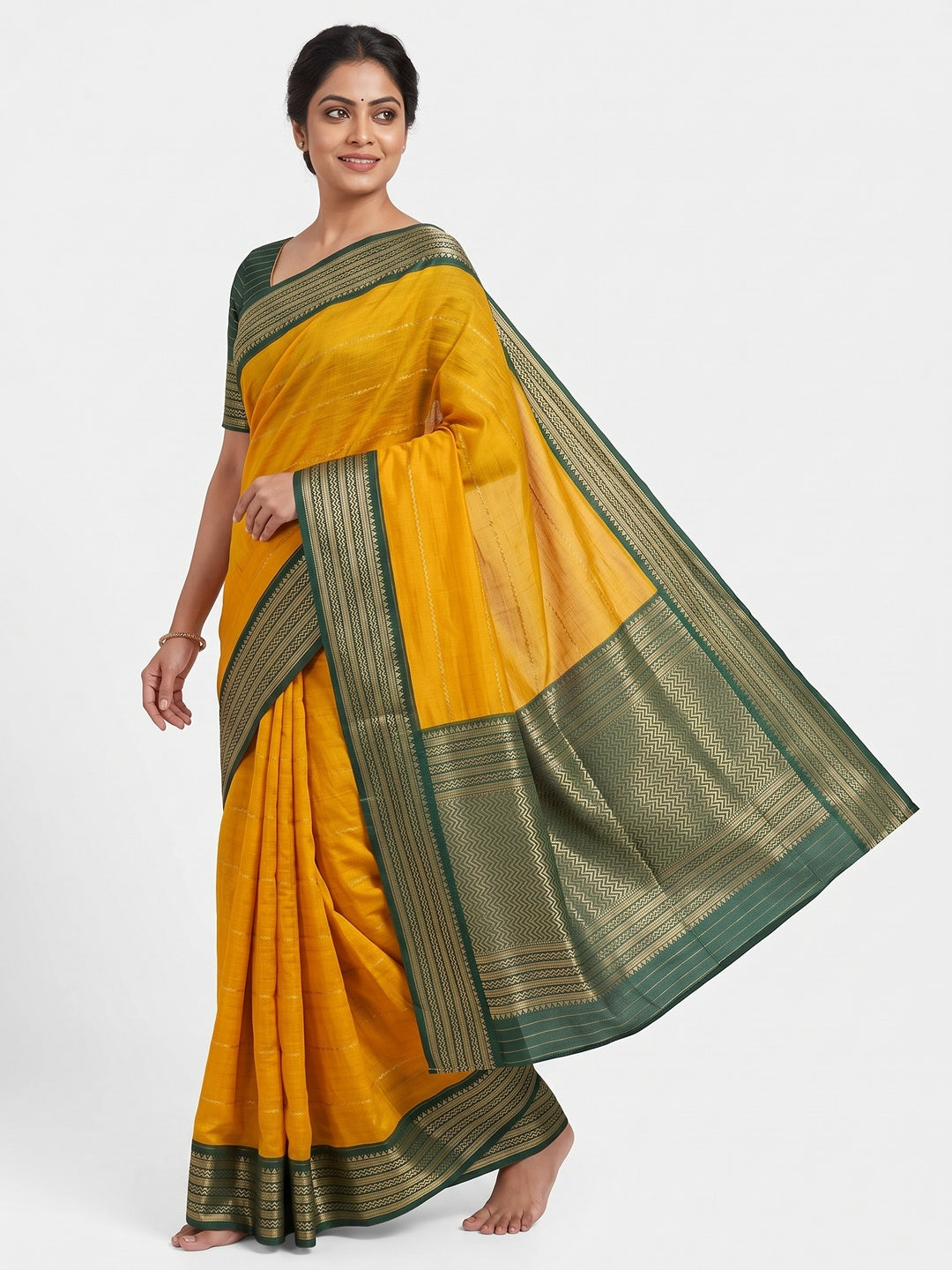 Mustard Jacquard Saree With Contemporary Striped Pattern Accented By Rich Zari Weaving - Image 4