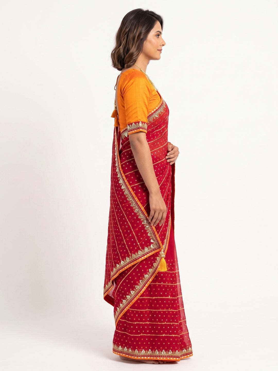 Charming Red Bandhani Printed Georgette Saree With Glittering Sequins & Zari Border - Image 3