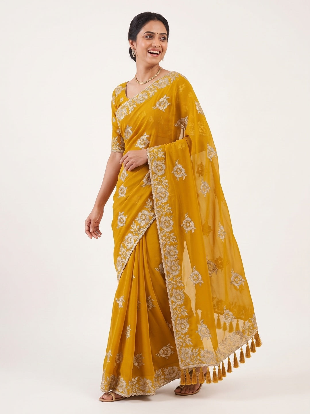 Stunning Mustard Georgette Saree with Floral Zari Embroidery & Ornate Cutwork Border - Image 4