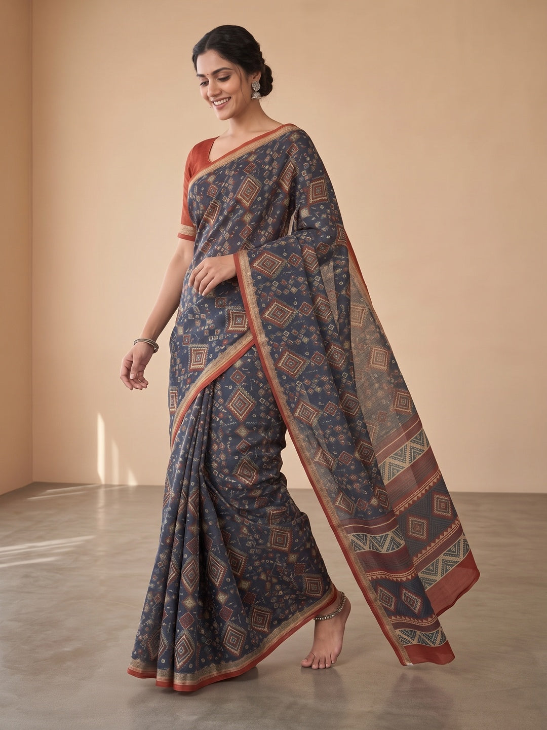 Traditional Blue Chanderi Silk Saree with Detailed Geometric Print Pattern - Image 7