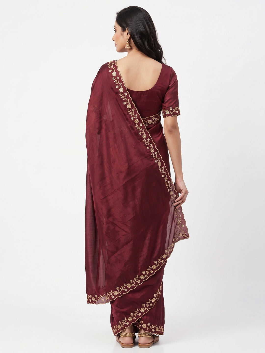 Maroon Satin Saree Embellished With Beads and Sequins Embroidery Work - Image 2
