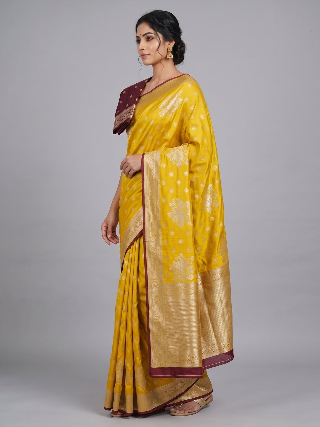Yellow Dola Silk Woven Saree with Allover Zari Butti Design - Image 3