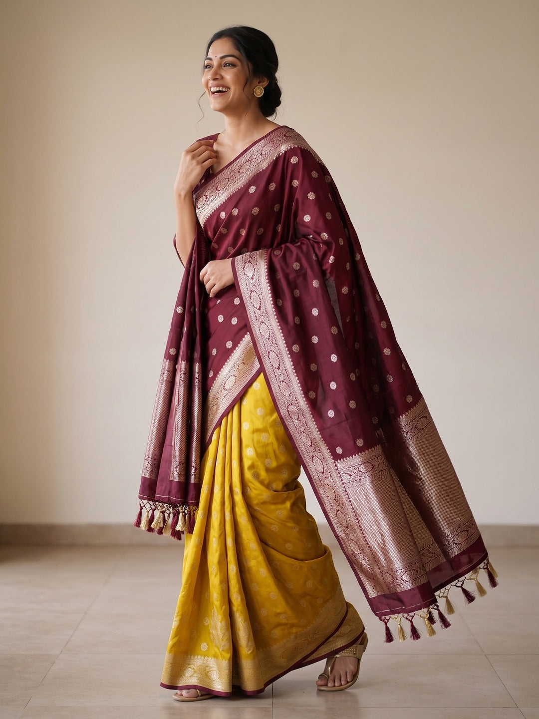 Yellow Dola Silk Woven Saree with Allover Zari Butti Design - Image 4