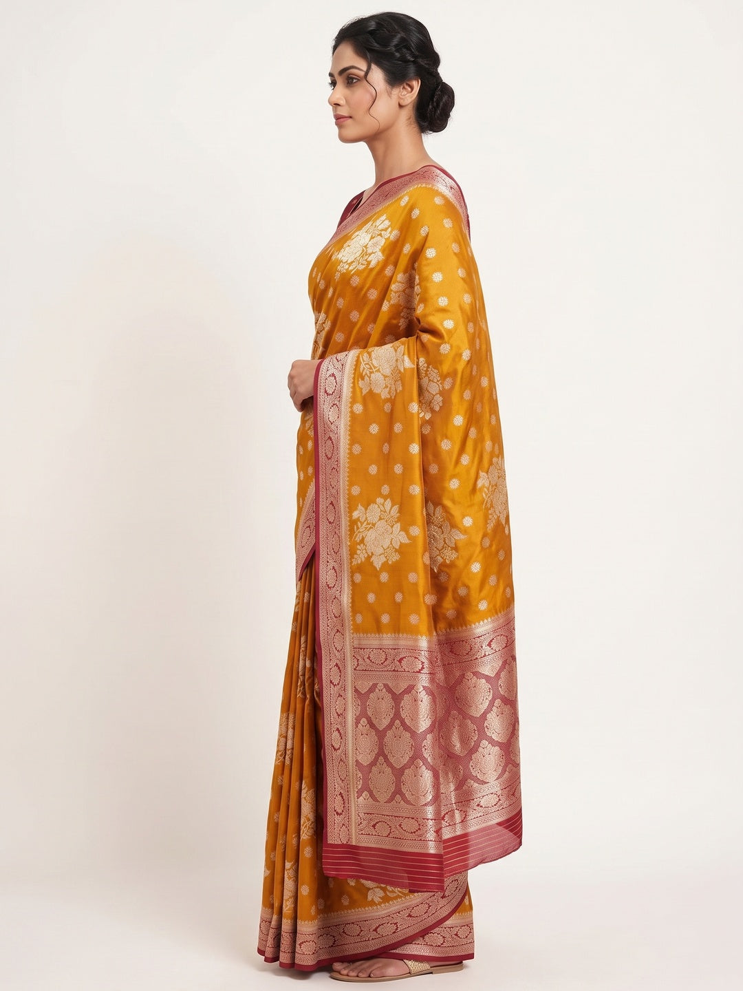 Mustard Dola Silk Woven Saree with Allover Zari Butti Design - Image 3