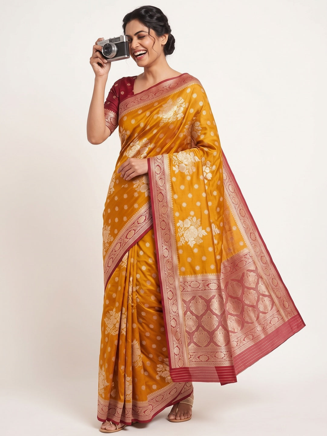 Mustard Dola Silk Woven Saree with Allover Zari Butti Design - Image 4