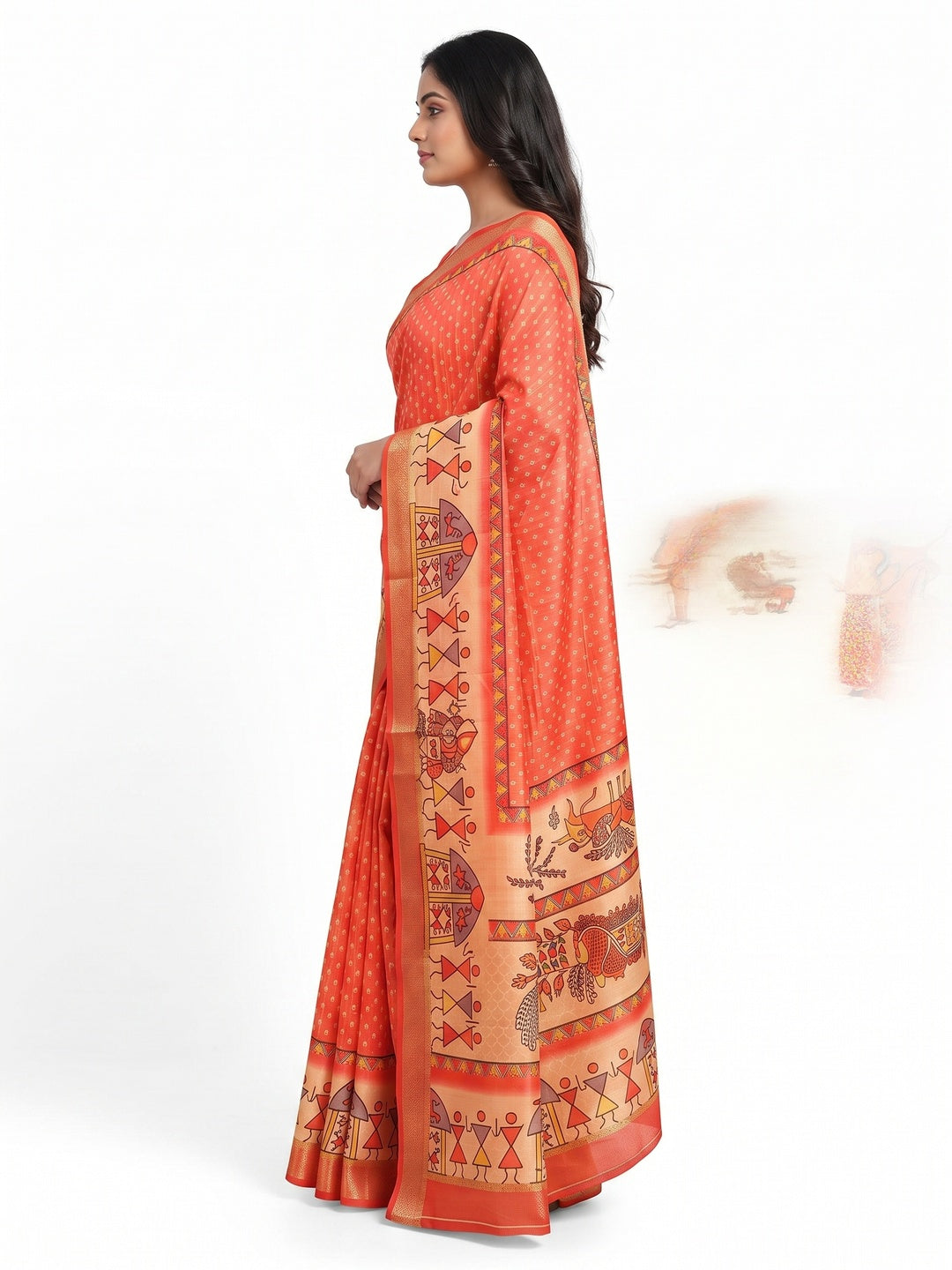 Coral Red Traditional Bandhani & Warli Digital Printed Silk Blend Saree With Weaving Border - Image 3